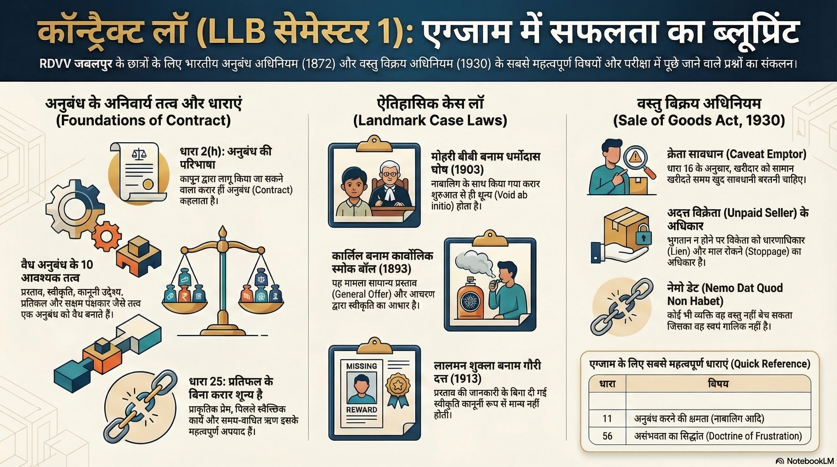 परीक्षा अध्ययन मार्गदर्शिका: अनुबंध कानून-I एवं माल विक्रय अधिनियम 1930 (RDVV जबलपुर - LLB प्रथम सेमेस्टर)
